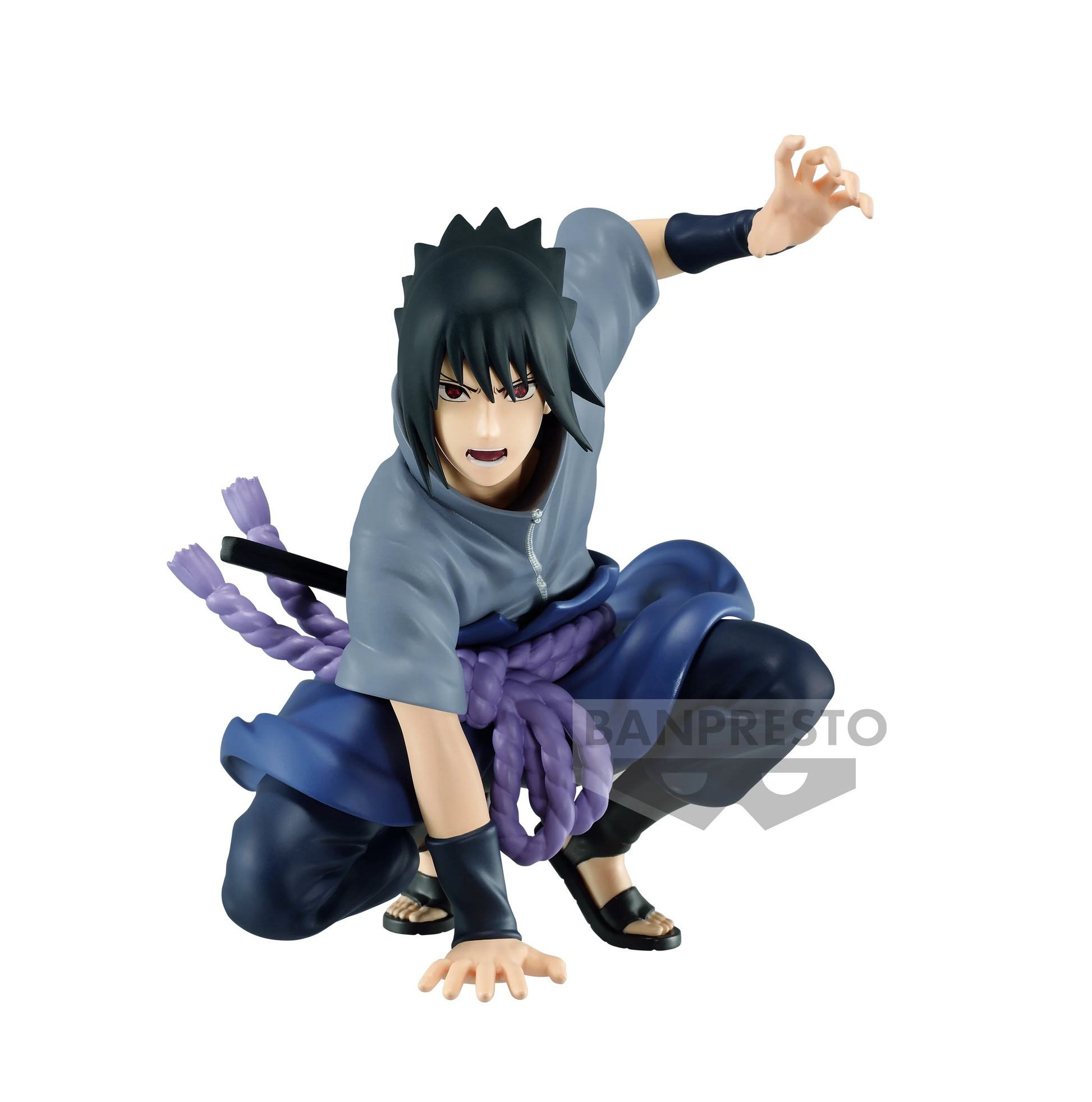 Figurine Naruto Shippuden – Uchiha Sasuke – Panel Spectacle – 9 cm – Banpresto. Sasuke dans une posture dynamique, prêt à exécuter une invocation de serpent. Une figurine détaillée parfaite pour les fans de Naruto.