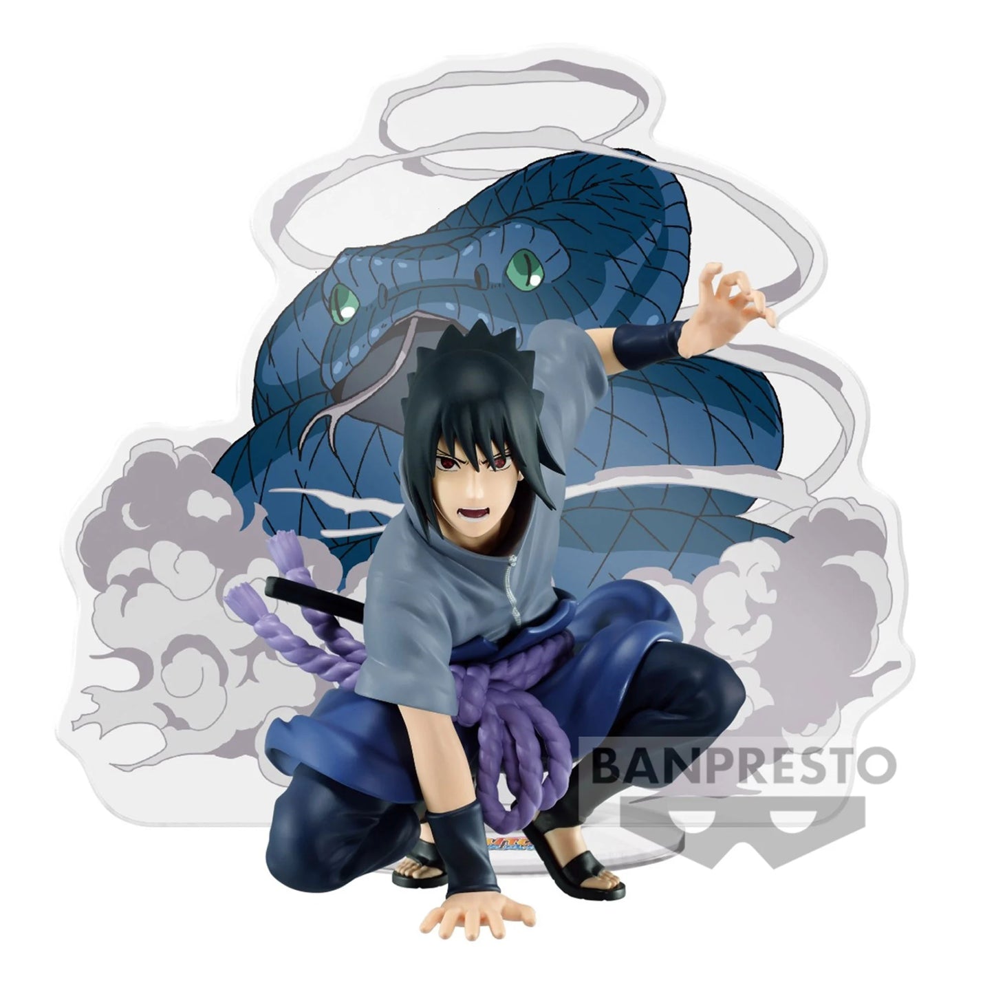 Figurine Naruto Shippuden – Uchiha Sasuke – Panel Spectacle – 9 cm – Banpresto. Sasuke dans une posture dynamique, prêt à exécuter une invocation de serpent. Une figurine détaillée parfaite pour les fans de Naruto.