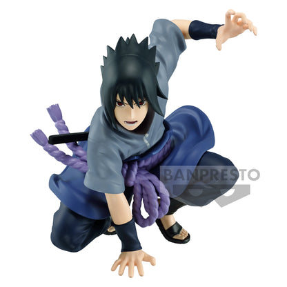 Figurine Naruto Shippuden – Uchiha Sasuke – Panel Spectacle – 9 cm – Banpresto. Sasuke dans une posture dynamique, prêt à exécuter une invocation de serpent. Une figurine détaillée parfaite pour les fans de Naruto.