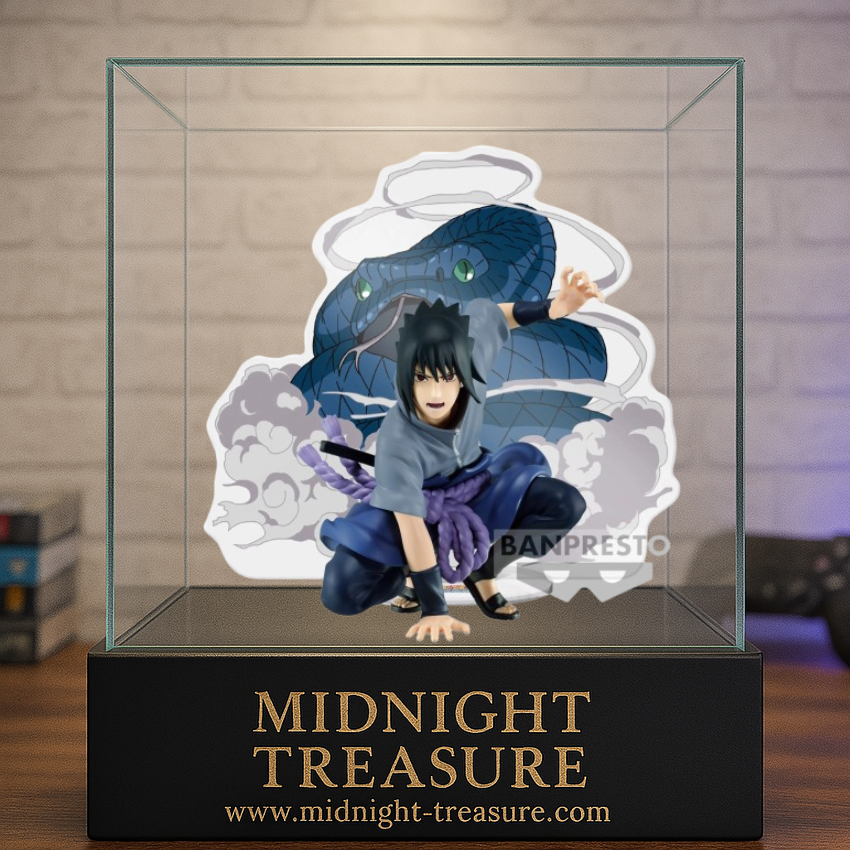 Figurine Naruto Shippuden – Uchiha Sasuke – Panel Spectacle – 9 cm – Banpresto. Sasuke dans une posture dynamique, prêt à exécuter une invocation de serpent. Une figurine détaillée parfaite pour les fans de Naruto.

