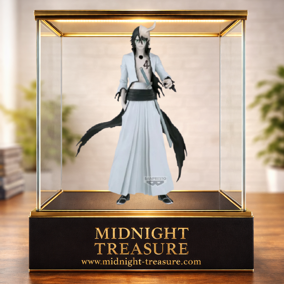 Figurine Bleach – Ulquiorra Schiffer – Maximatic – 23 cm – Banpresto. Ulquiorra apparaît dans son uniforme Arrancar blanc avec son masque caractéristique et son regard froid emblématique du Quatrième Espada. Une figurine détaillée parfaite pour les fans de Bleach.