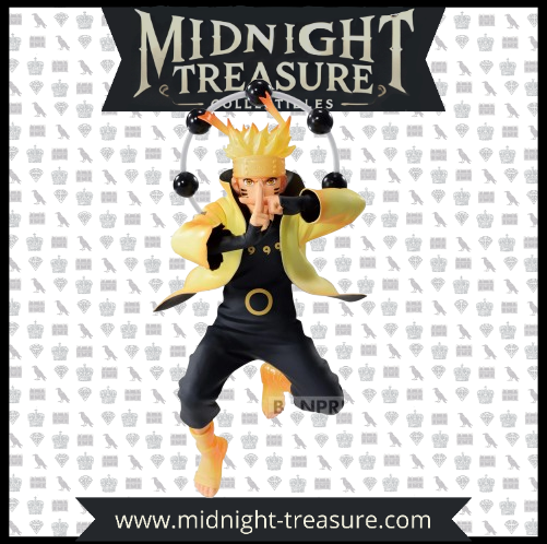 Figurine Naruto Shippuden – Uzumaki Naruto – Vibration Stars – 14 cm – Banpresto. Naruto en mode Sage des Six Chemins, entouré de ses orbes Gudodama, prêt à attaquer. Une figurine incontournable pour les fans de Naruto