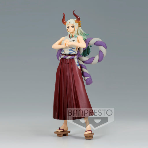 Figurine PVC Yamato – DXF The Grandline Series (18 cm) de One Piece. Pose emblématique avec kimono, kanabo et cornes distinctives. Produit officiel Banpresto inspiré de l’arc Wano Kuni.