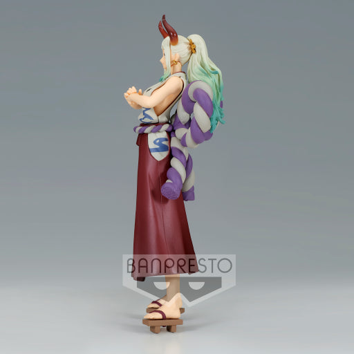 Figurine PVC Yamato – DXF The Grandline Series (18 cm) de One Piece. Pose emblématique avec kimono, kanabo et cornes distinctives. Produit officiel Banpresto inspiré de l’arc Wano Kuni.