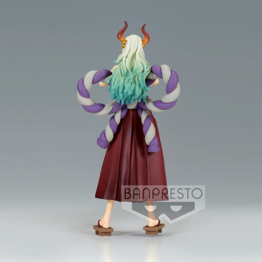 Figurine PVC Yamato – DXF The Grandline Series (18 cm) de One Piece. Pose emblématique avec kimono, kanabo et cornes distinctives. Produit officiel Banpresto inspiré de l’arc Wano Kuni.