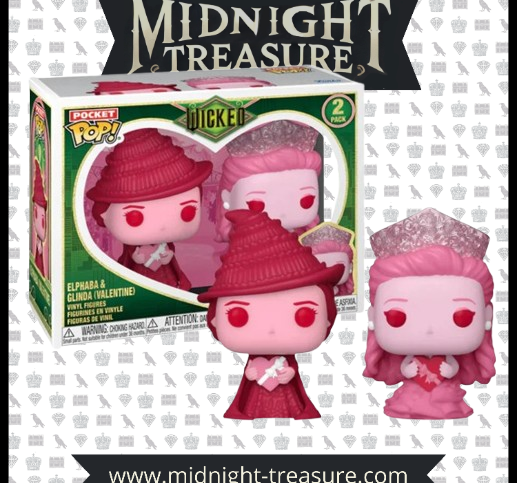 "Funko Pocket Pop! 2-Pack - Elphaba & Glinda (Valentine). Figurines inspirées du film Wicked, représentant les deux sorcières tenant des boîtes de chocolats en édition spéciale Saint-Valentin. Un must-have pour les collectionneurs et fans de la comédie musicale."