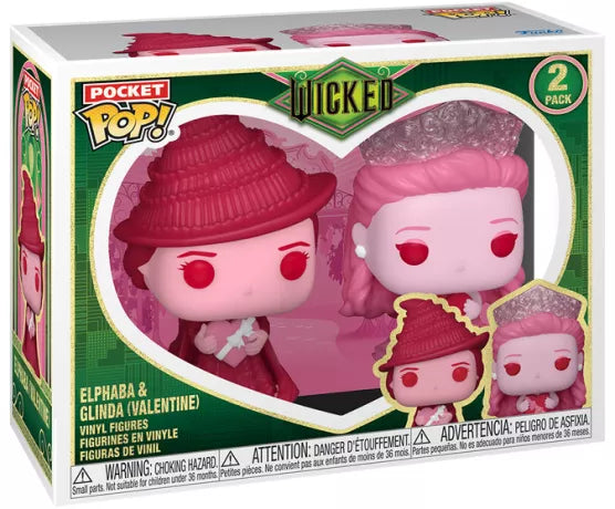 "Funko Pocket Pop! 2-Pack - Elphaba & Glinda (Valentine). Figurines inspirées du film Wicked, représentant les deux sorcières tenant des boîtes de chocolats en édition spéciale Saint-Valentin. Un must-have pour les collectionneurs et fans de la comédie musicale."