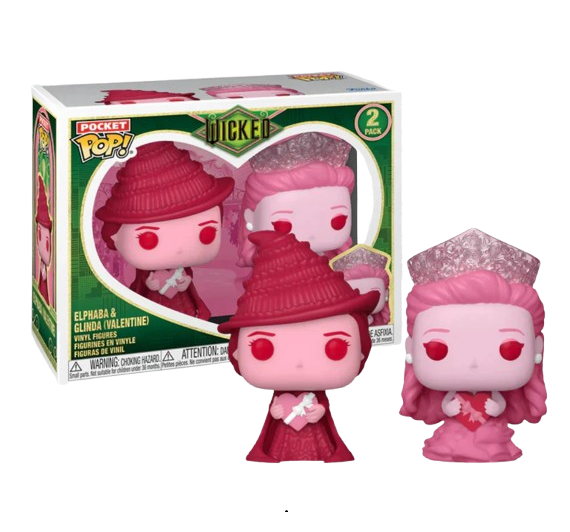 "Funko Pocket Pop! 2-Pack - Elphaba & Glinda (Valentine). Figurines inspirées du film Wicked, représentant les deux sorcières tenant des boîtes de chocolats en édition spéciale Saint-Valentin. Un must-have pour les collectionneurs et fans de la comédie musicale."