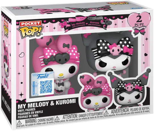 Funko Pocket Pop! Sanrio – My Melody & Kuromi (Pack de 2). Mini figurines avec tenues kawaii détaillées, nœuds et accessoires. Un coffret adorable et culte pour les fans de Sanrio.