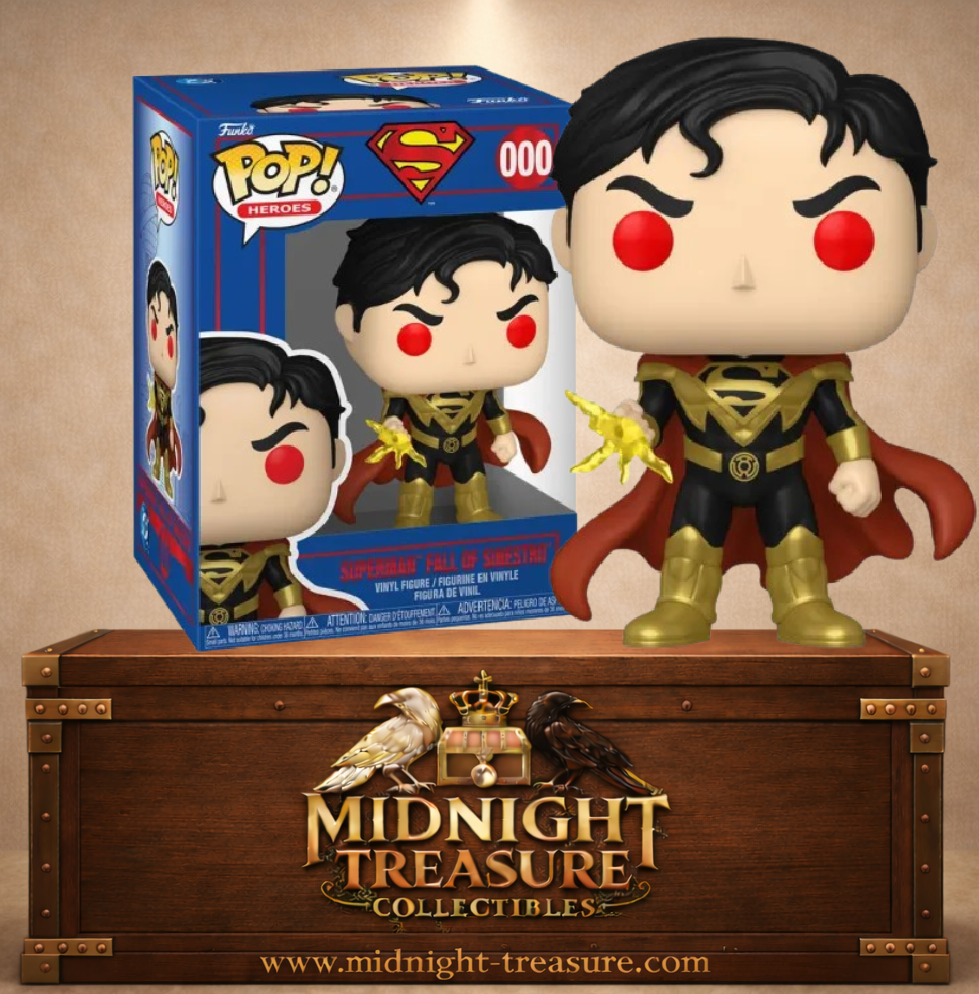 Funko Pop! Heroes N°000 Superman Fall of Sinestro en costume noir et or avec yeux rouges et énergie jaune du Sinestro Corps.
