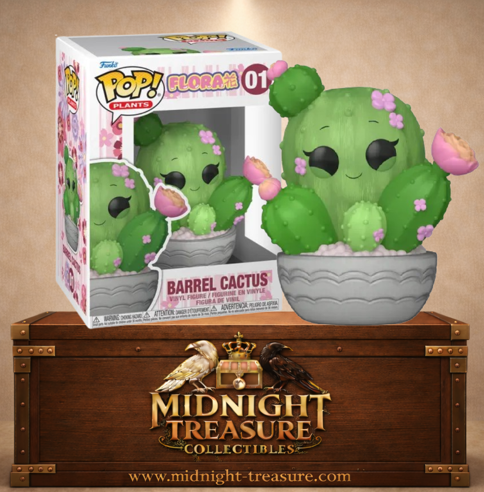 Funko Pop! Plants N°01 – Barrel Cactus. Figurine cactus vert avec fleurs roses dans un pot décoratif.