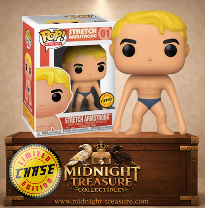 Funko Pop! Retro Toys N°01 Stretch Armstrong Chase Edition Hasbro avec cheveux blonds, slip bleu et longs bras étirés.