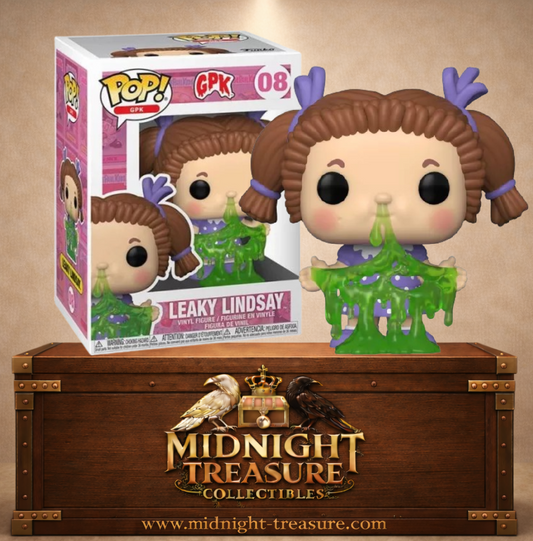 Funko Pop! GPK N°08 – Leaky Lindsay, Renée Morvone des Garbage Pail Kids Les Crados, avec robe violette et immense coulée de morve verte.