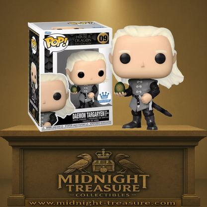 Funko Pop! House of the Dragon – Daemon Targaryen with Dragon Egg (N°09). Figurine détaillée représentant Daemon tenant un œuf de dragon. Parfaite pour les fans de La Maison du Dragon.