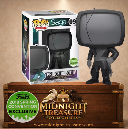 Funko Pop! Comics N°09 Mourning Prince Robot IV en tenue noire avec écran de télévision fissuré, Spring Convention 2018 Saga.