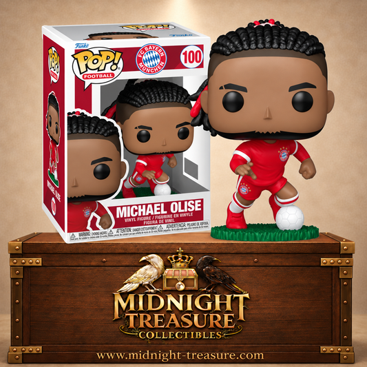 Funko Pop! Football N°100 Michael Olise du FC Bayern München en tenue rouge avec ballon au pied.