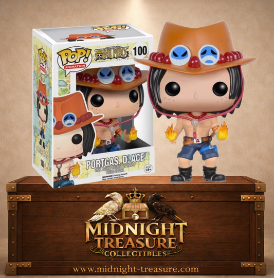 Funko Pop! Animation N°100 – Portgas D. Ace – One Piece. Figurine Ace avec flammes dans les mains, chapeau orange et collier rouge.