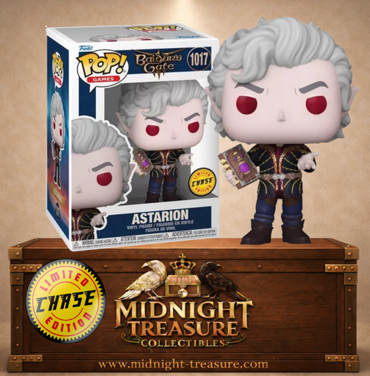Funko Pop! Games N°1017 – Astarion (Chase) – Baldur’s Gate III. Version spéciale avec yeux rouges et livre en main.