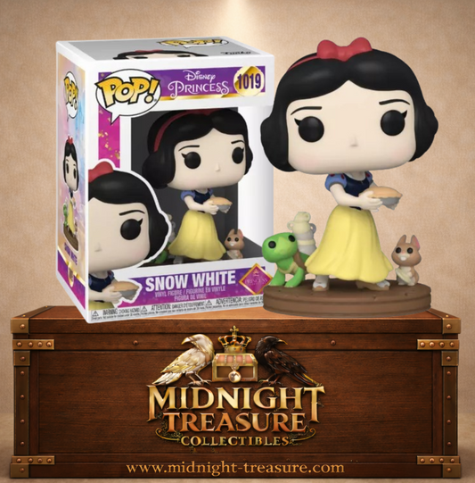 Funko Pop! Disney Princess N°1019 – Snow White (Blanche-Neige). Figurine Blanche-Neige tenant une tarte entourée d’animaux de la forêt.