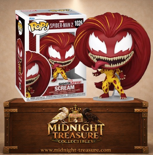 Funko Pop! Games N°1026 – Scream, transformation symbiotique de Mary Jane dans Marvel’s Spider-Man 2, avec immense chevelure rouge et corps jaune.