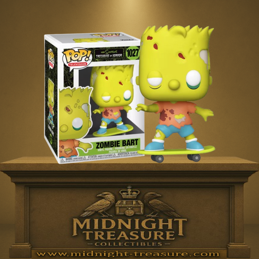 Funko Pop! The Simpsons Treehouse of Horror – Zombie Bart (Bart en zombie) (N°1027). Bart Simpson zombifié sur skateboard, figurine horrifique et fidèle à la série.