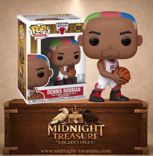 Funko Pop! Basketball N°103 – Dennis Rodman – Chicago Bulls. Figurine Dennis Rodman avec ballon et cheveux multicolores.