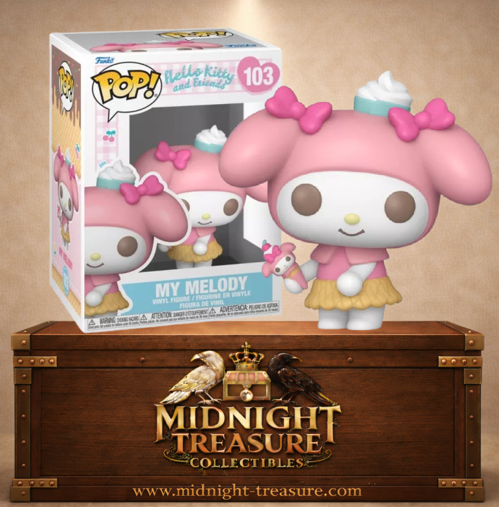 Funko Pop! N°103 My Melody with Ice Cream (My Melody avec glace) de Hello Kitty and Friends, avec capuchon rose, nœuds et petites glaces.