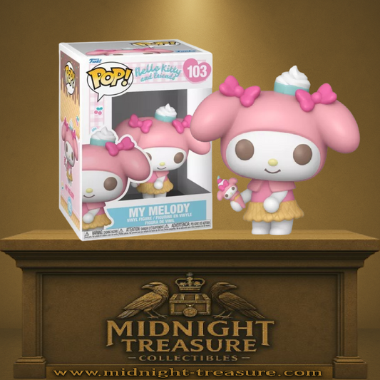Funko Pop! Sanrio My Melody with Ice Cream (N°103). Figurine My Melody rose tenant une glace avec une boule en forme de My Melody, design kawaii et pastel.