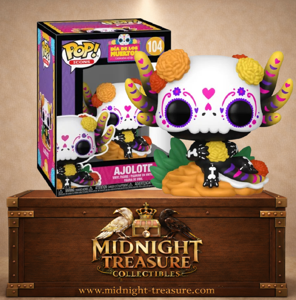 Funko Pop! Icons N°104 Ajolote Día de los Muertos représentant un axolotl décoré en calavera mexicaine avec fleurs et motifs colorés.
