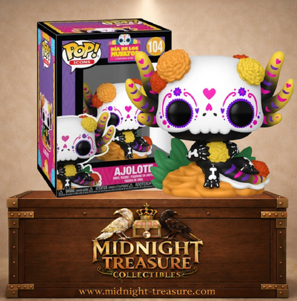 Funko Pop! Icons N°104 Ajolote Día de los Muertos représentant un axolotl décoré en calavera mexicaine avec fleurs et motifs colorés.