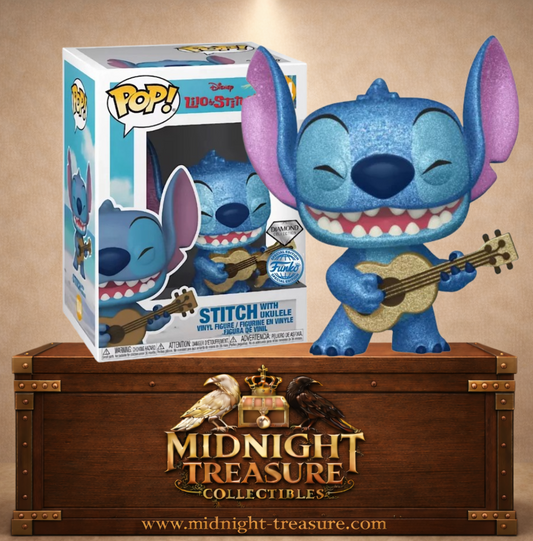 Funko Pop! Disney N°1044 – Stitch with Ukulele Diamond Collection – Lilo & Stitch. Figurine Stitch pailletée jouant du ukulélé.