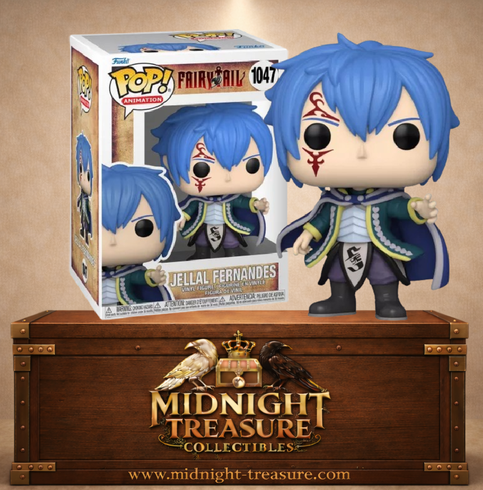 Funko Pop! N°1047 Jellal Fernandes de Fairy Tail avec cheveux bleus, marque rouge au visage et tenue de Crime Sorcière.