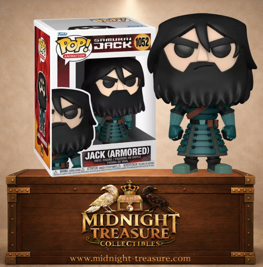 Funko Pop! Animation N°1052 – Jack (Armored) avec barbe, cheveux longs et armure de combat inspiré de la saison 5 de Samurai Jack.