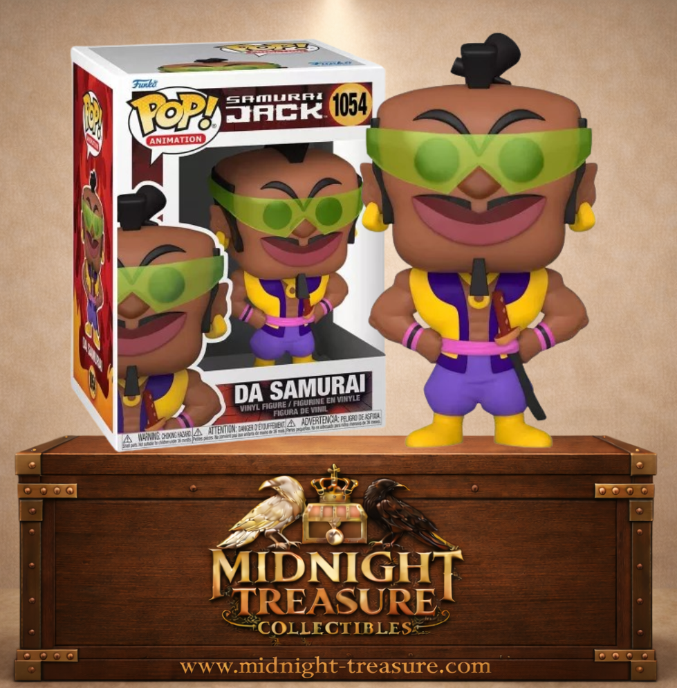 Funko Pop! Animation N°1054 – Da Samurai avec lunettes vertes, tenue violette et jaune et katana inspiré de Samurai Jack.