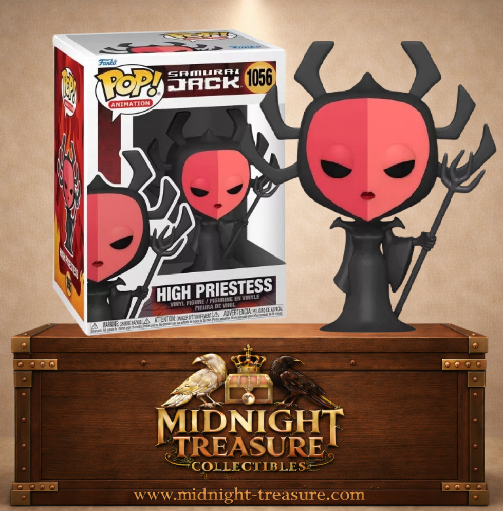 Funko Pop! Animation N°1056 – High Priestess avec masque rouge et noir, bâton cérémoniel et attributs inspirés d'Aku dans Samurai Jack.