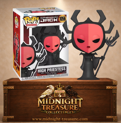 Funko Pop! Animation N°1056 – High Priestess avec masque rouge et noir, bâton cérémoniel et attributs inspirés d'Aku dans Samurai Jack.