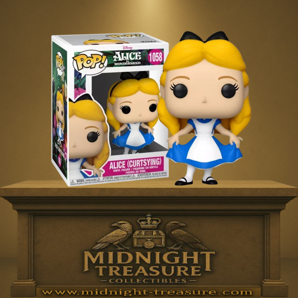 Funko Pop! Alice au Pays des Merveilles – Alice (Curtsying) N°1058. Figurine Disney représentant Alice en révérence, robe bleue et tablier blanc, fidèle au film d’animation classique.