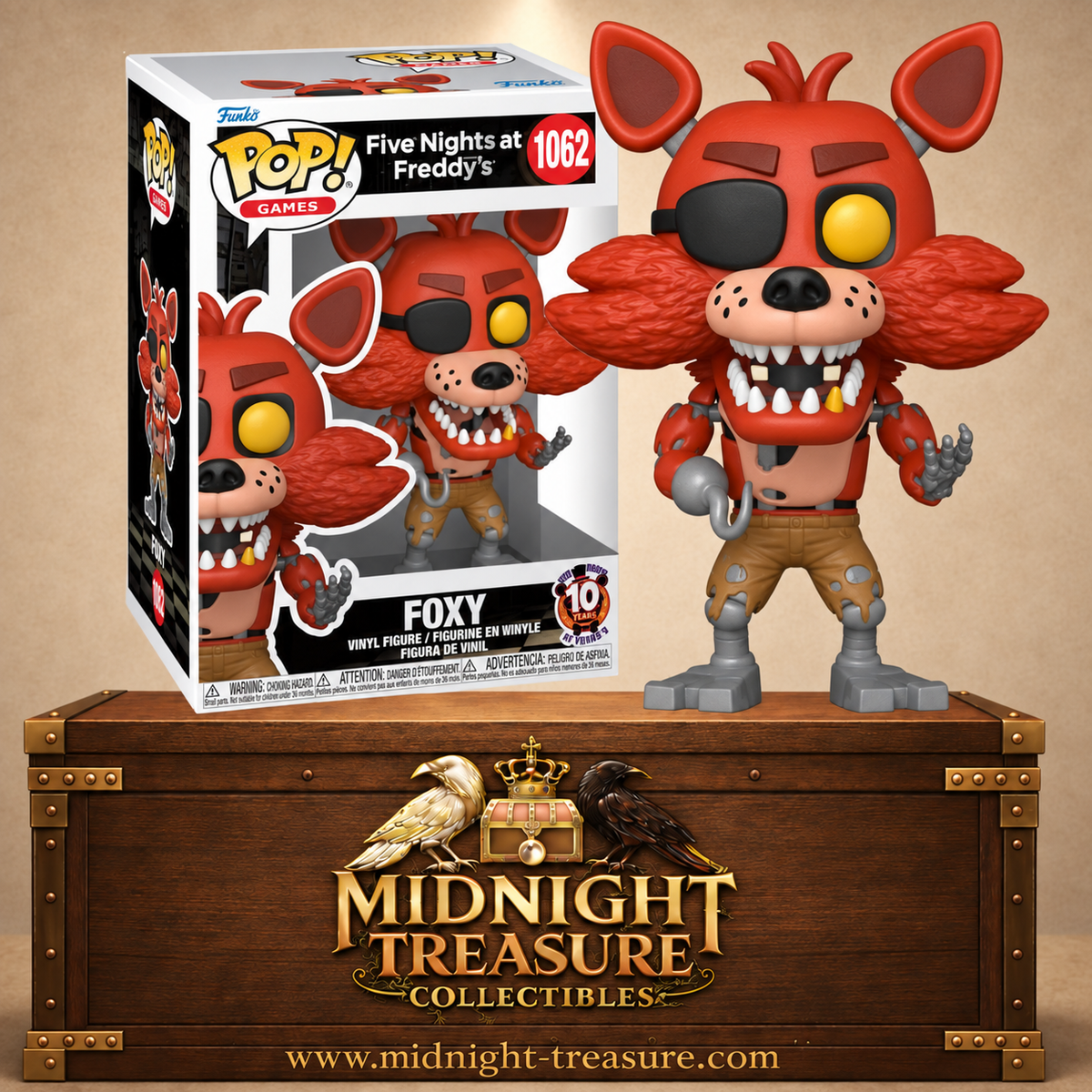 Funko Pop! Games N°1062 Foxy de Five Nights at Freddy’s avec pelage roux, cache-œil noir, crochet et endosquelette apparent.