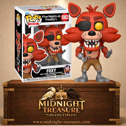 Funko Pop! Games N°1062 Foxy de Five Nights at Freddy’s avec pelage roux, cache-œil noir, crochet et endosquelette apparent.