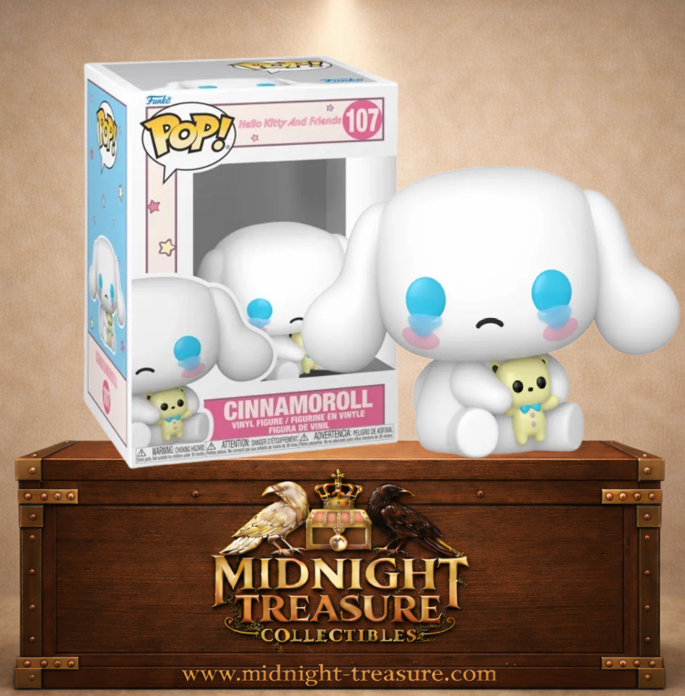 Funko Pop! Hello Kitty and Friends N°107 – Cinnamoroll tenant un petit ourson, avec larmes translucides et expression émotive.