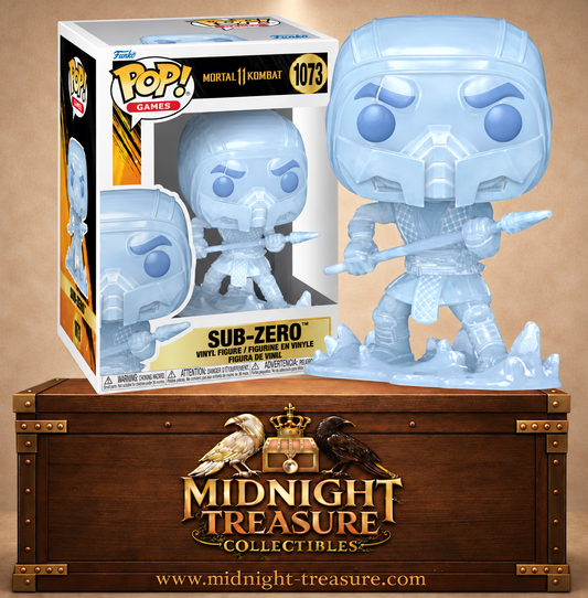 Funko Pop! Games N°1073 Sub-Zero Fatality de Mortal Kombat 11 avec finition glacée translucide, arme de glace et effets gelés.