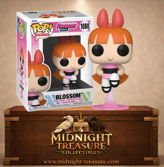 Funko Pop! Animation N°1080 – Blossom (Belle) – The Powerpuff Girls. Figurine en lévitation avec robe rose et nœud rouge.