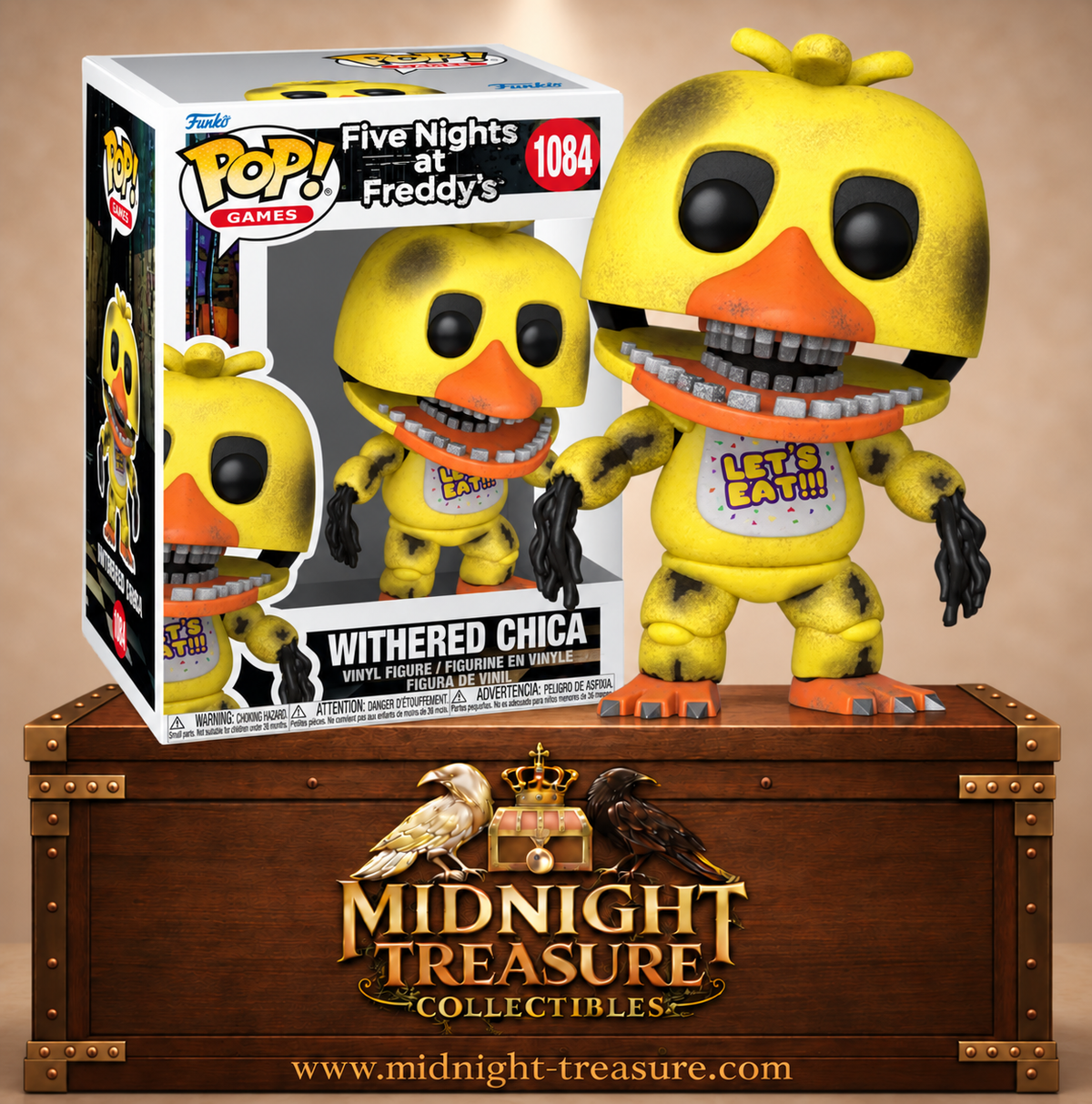 Funko Pop! Games N°1084 Withered Chica de Five Nights at Freddy’s avec mâchoire disloquée, endosquelette apparent, bras endommagés et câbles exposés.
