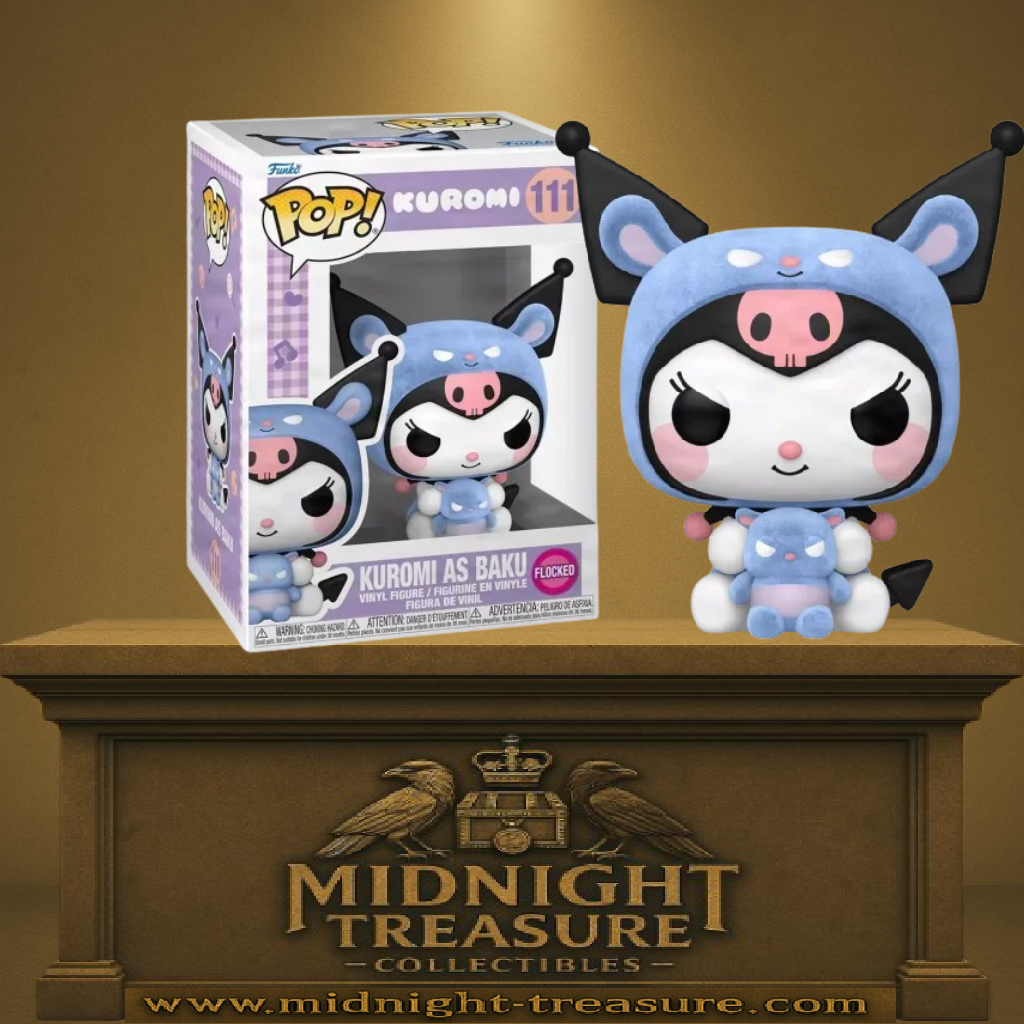 Funko Pop! Sanrio – Kuromi as Baku (Kuromi en Baku) Flocked (N°111). Kuromi déguisée en Baku avec finition velours, tenant une peluche assortie, style kawaii.