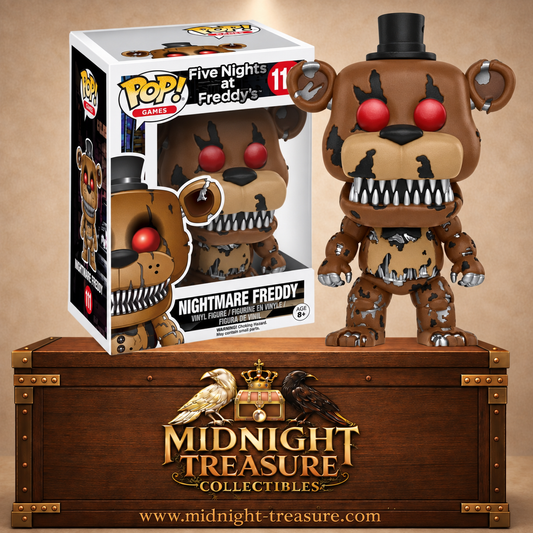 Funko Pop! Games N°111 Nightmare Freddy de Five Nights at Freddy’s 4 avec yeux rouges, costume déchiré et dents métalliques acérées.