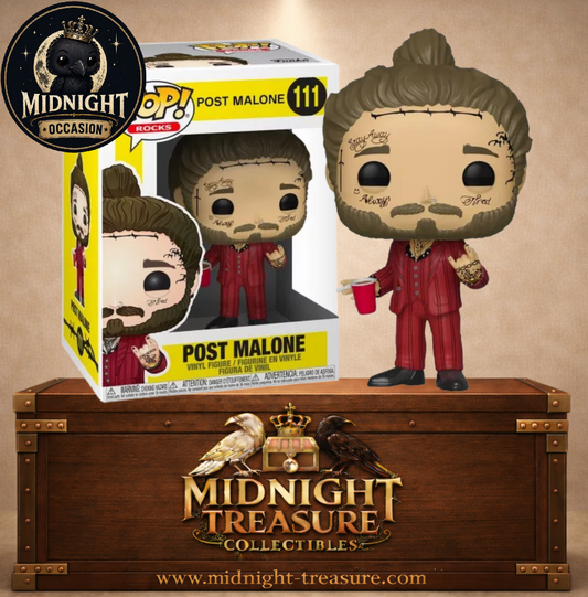 Funko Pop! Rocks N°111 – Post Malone – figurine avec tatouages visage, costume rouge et gobelet. Une figurine fidèle parfaite pour les fans de musique.