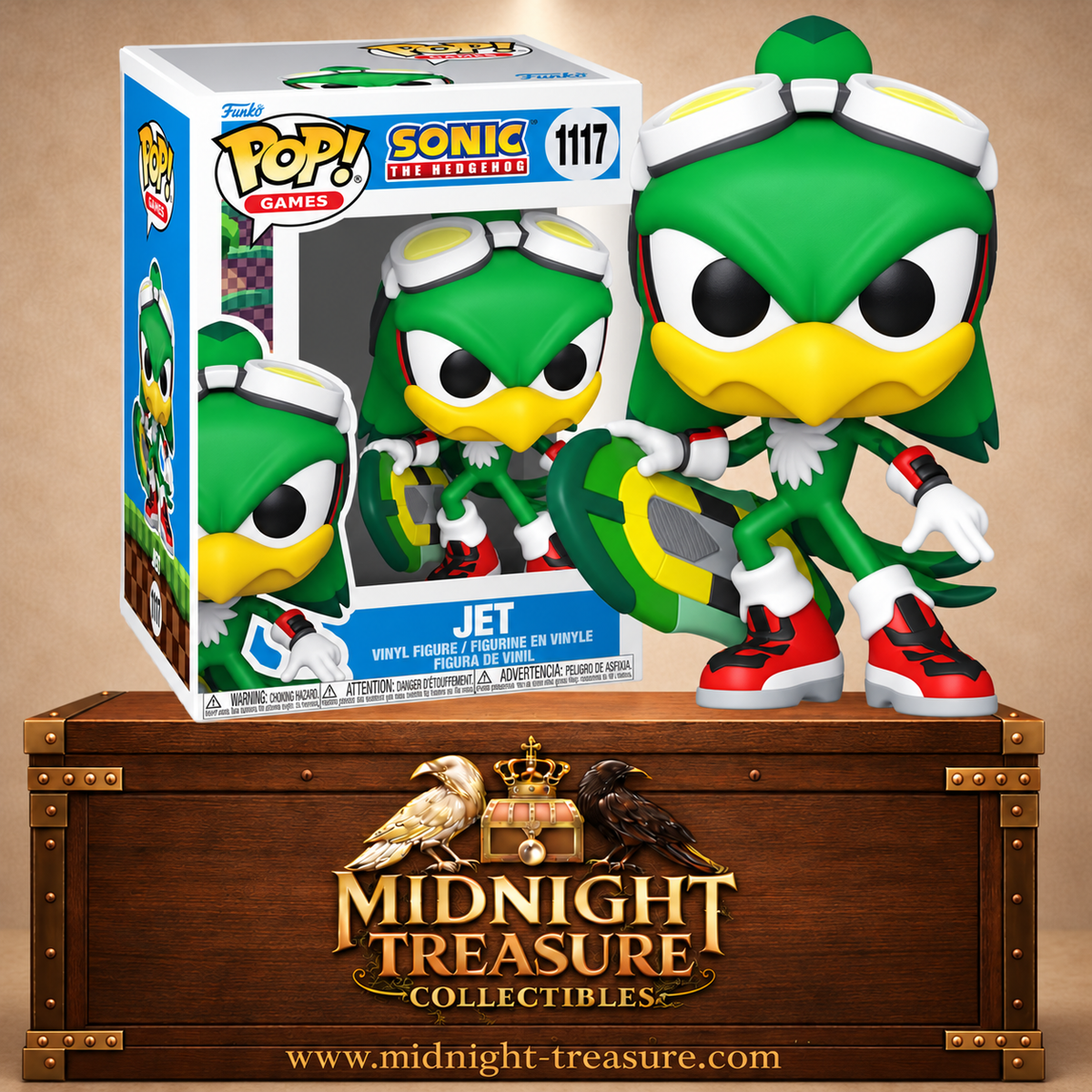 Funko Pop! Games N°1117 Jet the Hawk de Sonic the Hedgehog avec plumage vert, lunettes de pilote et Extreme Gear.