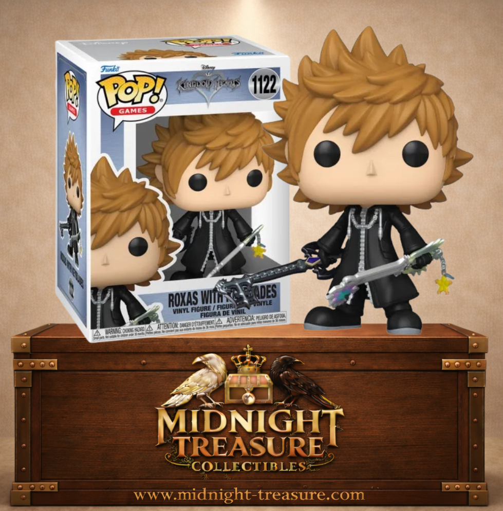 Funko Pop! Games N°1122 – Roxas with Keyblades – Kingdom Hearts. Figurine Roxas avec double Keyblade Oblivion et Oathkeeper, manteau noir Organisation XIII.