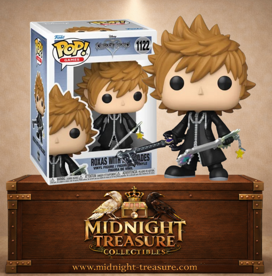 Funko Pop! Games N°1122 – Roxas with Keyblades – Kingdom Hearts. Figurine Roxas avec double Keyblade Oblivion et Oathkeeper, manteau noir Organisation XIII.