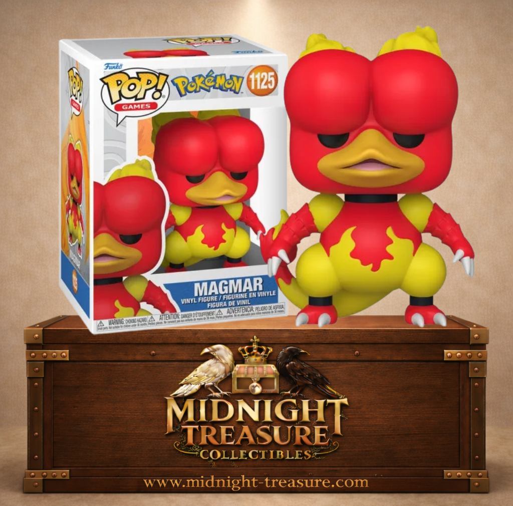 Funko Pop! Games – Magmar (N°1125). Pokémon de type Feu rouge et jaune avec motif flamme et griffes blanches issu de la première génération Pokémon.